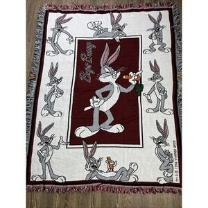 Vtg Looney Tunes Bugs Bunny Throw Blanket Tassle Fringe 1996 Warner Bros 44 x 57